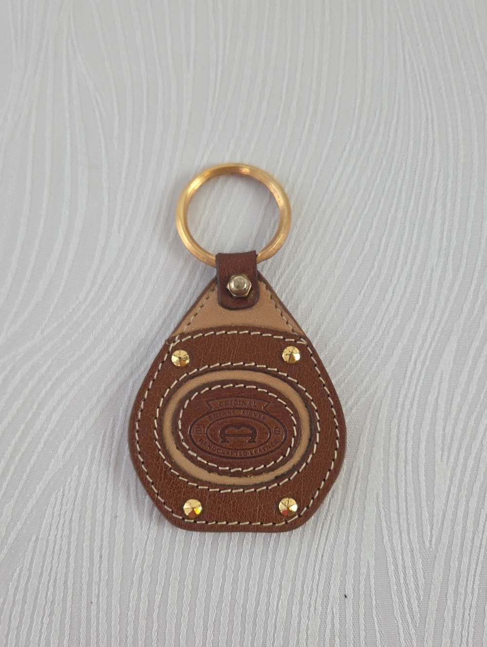 Vintage Etienne Aigner Brown Leather Key Fob with Gold Tone Ring